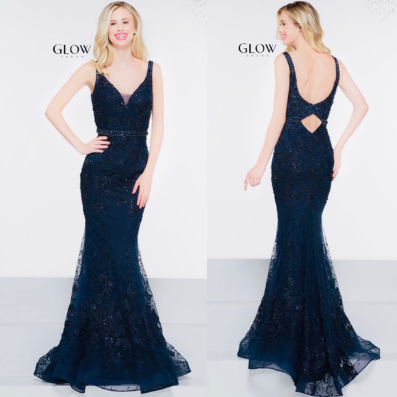 GLOW Dresses & Skirts - Glow dressy mesh key hole back long navy Gown